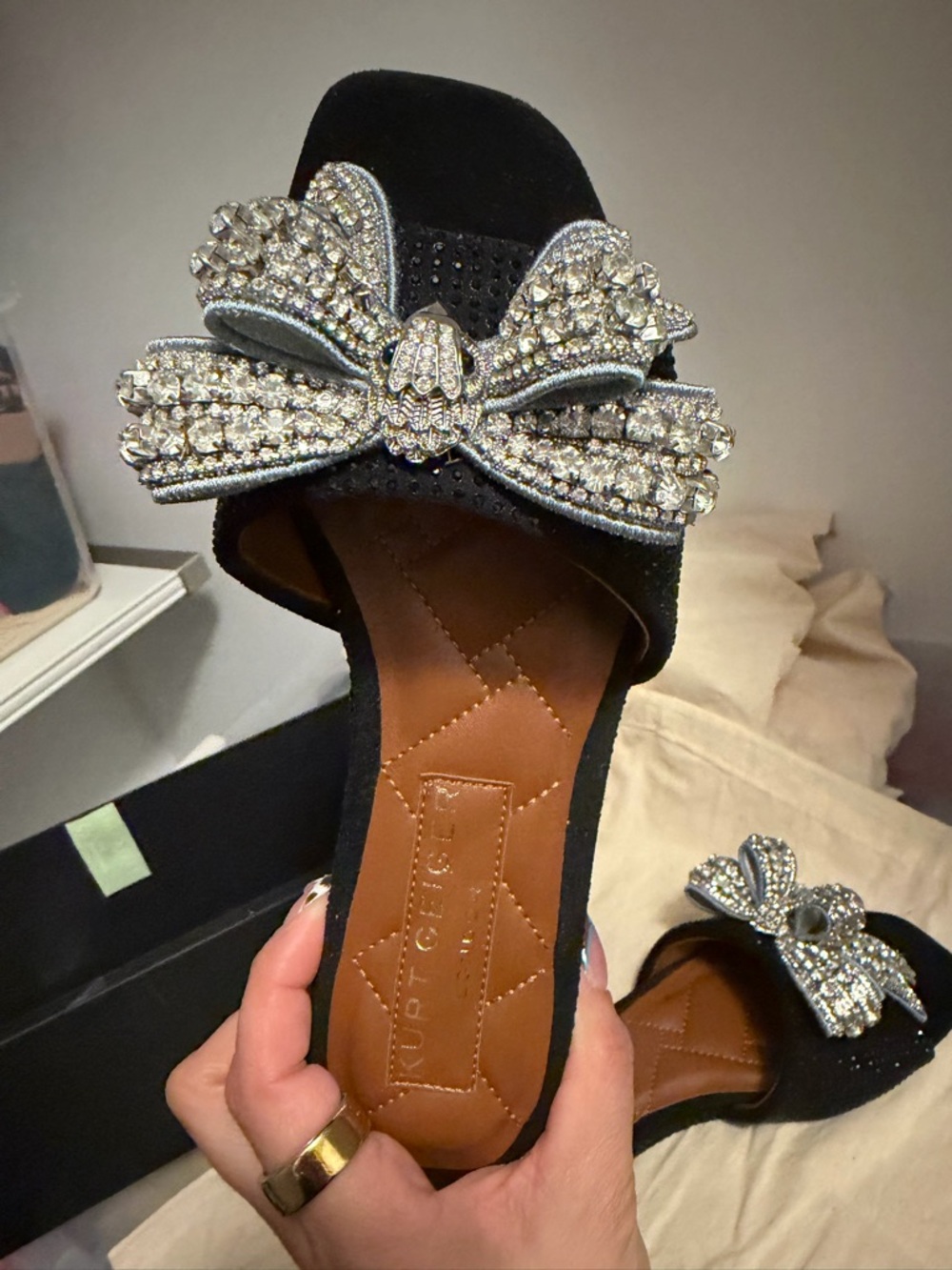 Kurt Geiger Black Slip-On Mules with Crystal Bow - Picture 4 of 5